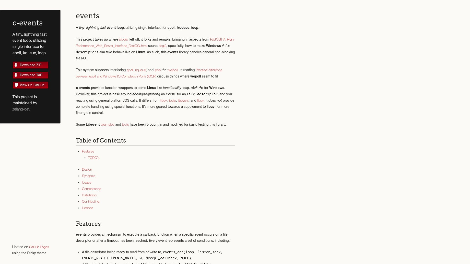 Screenshot of zelang-dev.github.io: C-events, yet another event loop, simpler, smaller, faster, safer