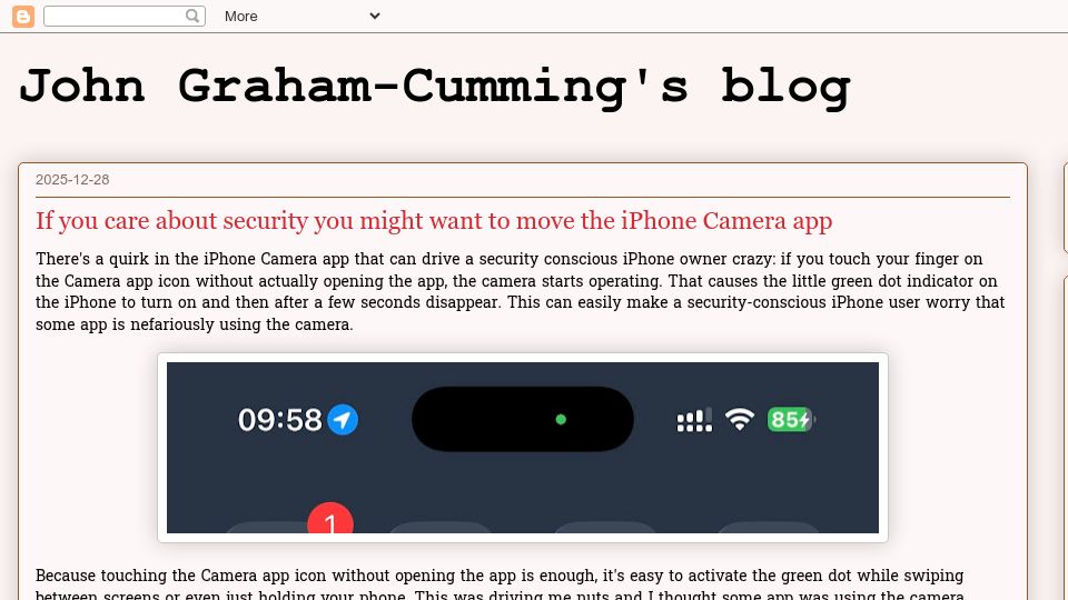 Screenshot of blog.jgc.org: If you care about security you might want to move the iPhone Camera app