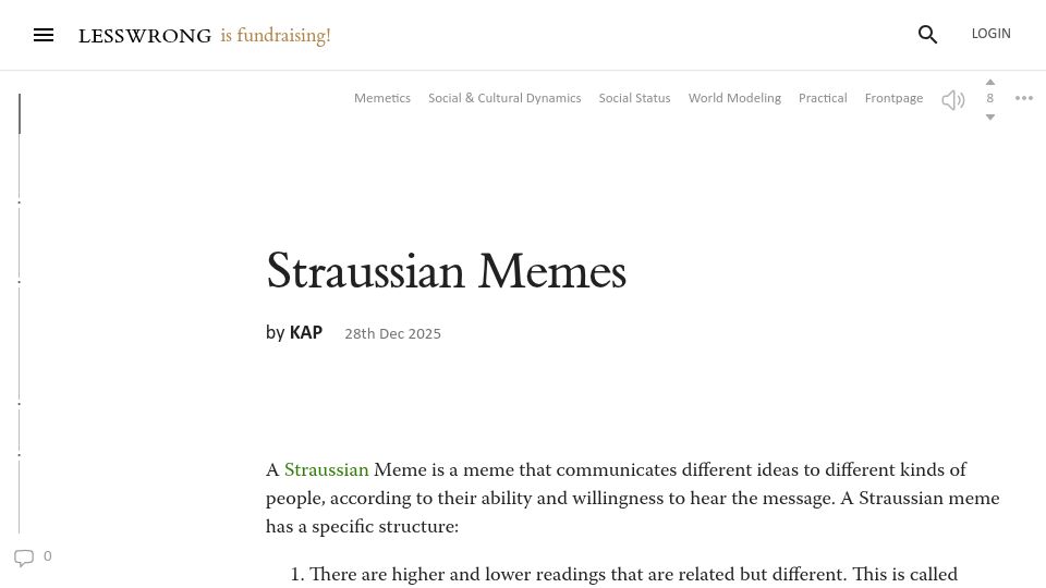Screenshot of lesswrong.com: Straussian Memes