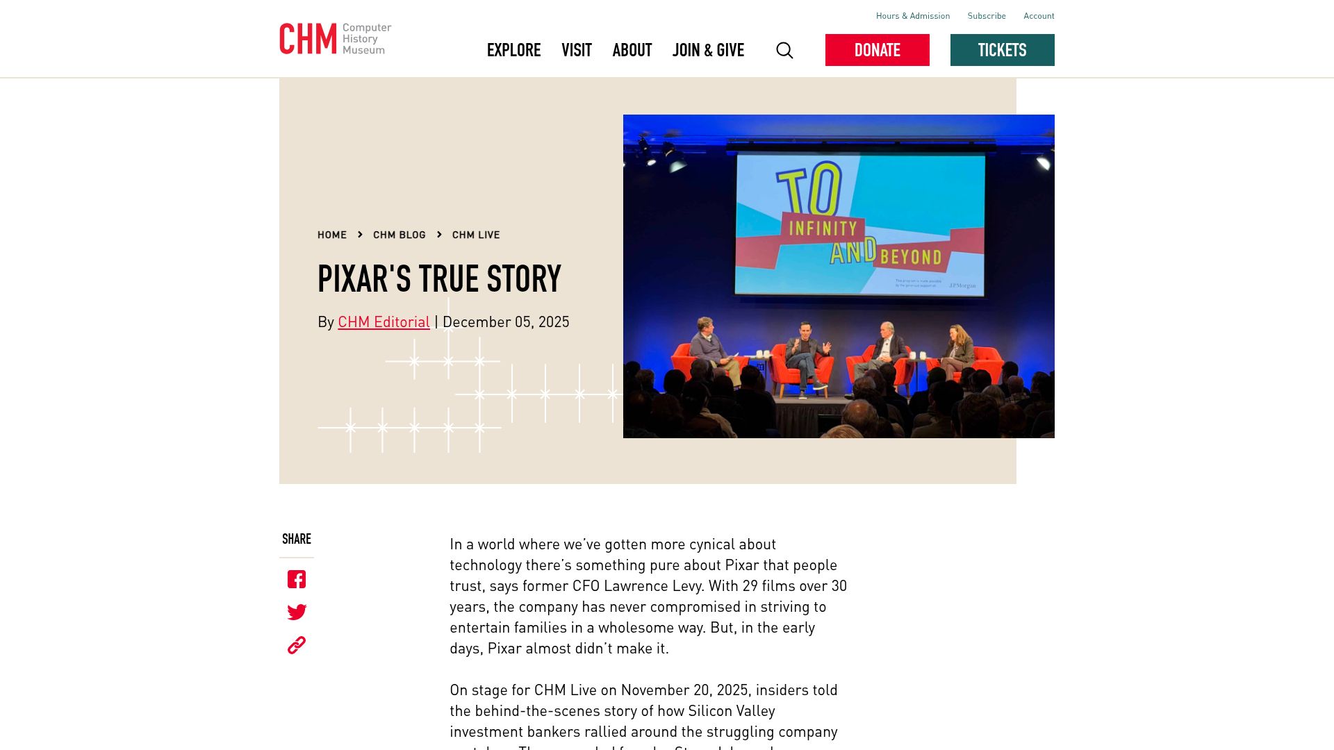 Screenshot of computerhistory.org: Pixar's True Story