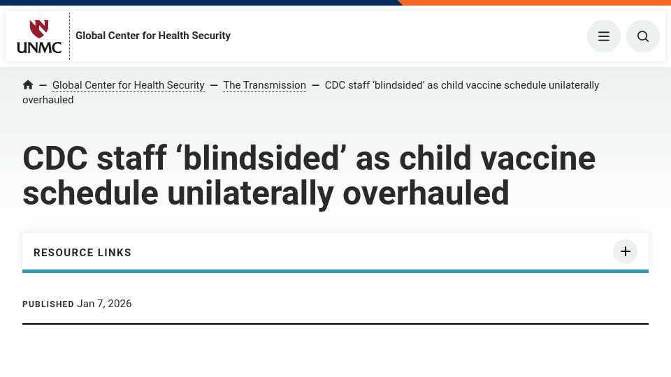 Screenshot of unmc.edu: CDC staff 'blindsided' as child vaccine schedule unilaterally overhauled