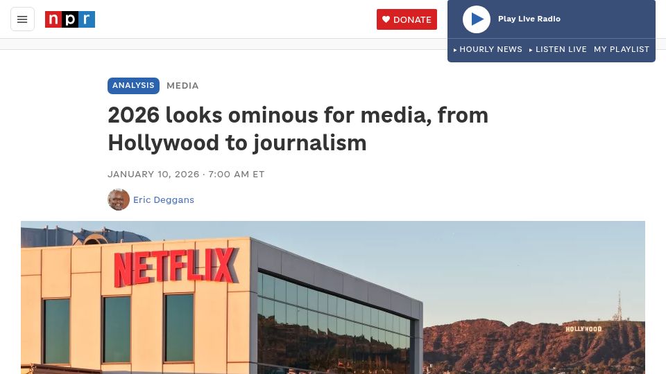 Screenshot of npr.org: 2026 looks ominous for media, from Hollywood to journalism