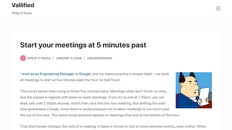 Screenshot of philipotoole.com: Start your meetings at 5 minutes past
