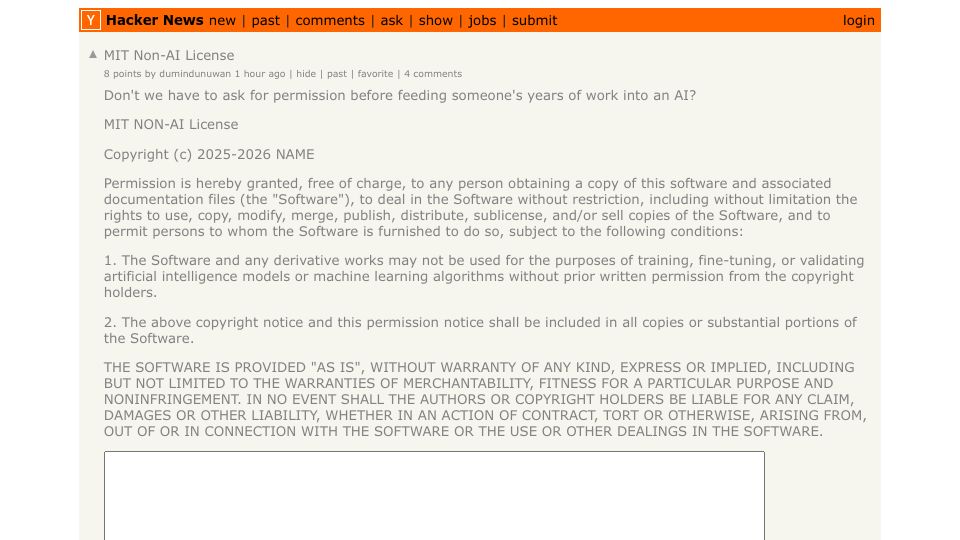 Screenshot of Hacker News post: MIT Non-AI License