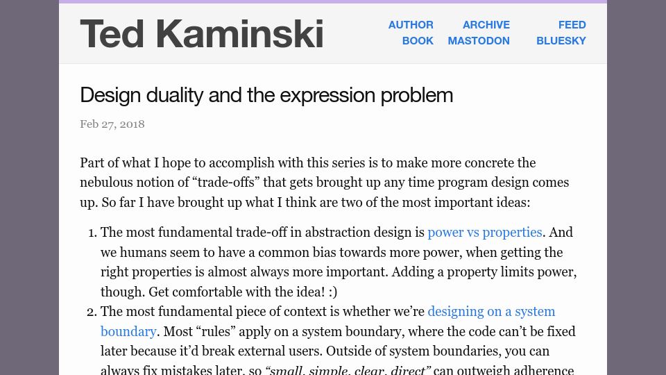 Screenshot of tedinski.com: Design duality and the expression problem (2018)