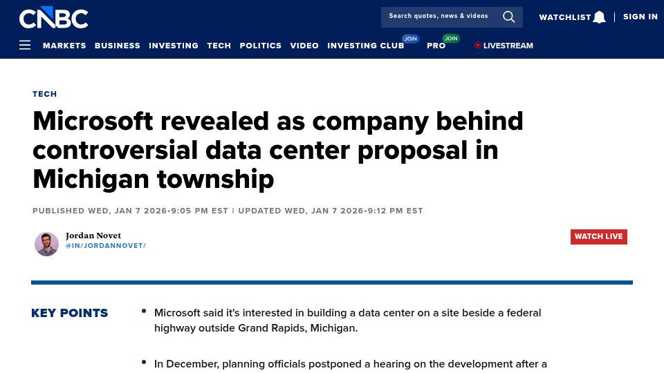 Screenshot of cnbc.com: Microsoft revealed as company behind controversial data center proposal in MI