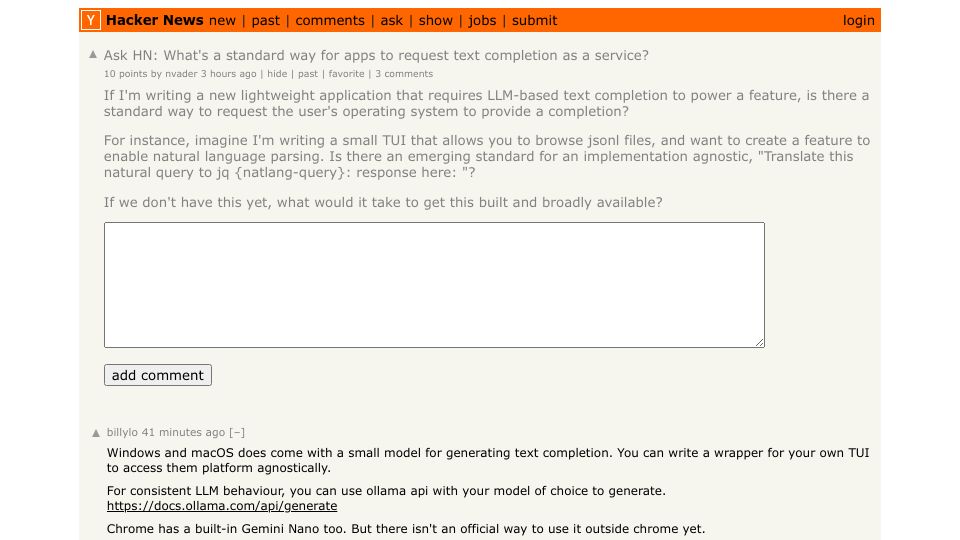 Screenshot of Hacker News post: Ask HN: What's a standard way for apps to request text completion as a service?