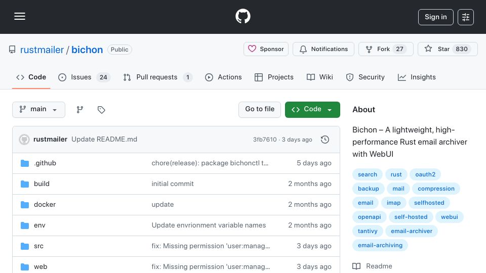 Screenshot of github.com: Bichon: A lightweight, high-performance Rust email archiver with WebUI