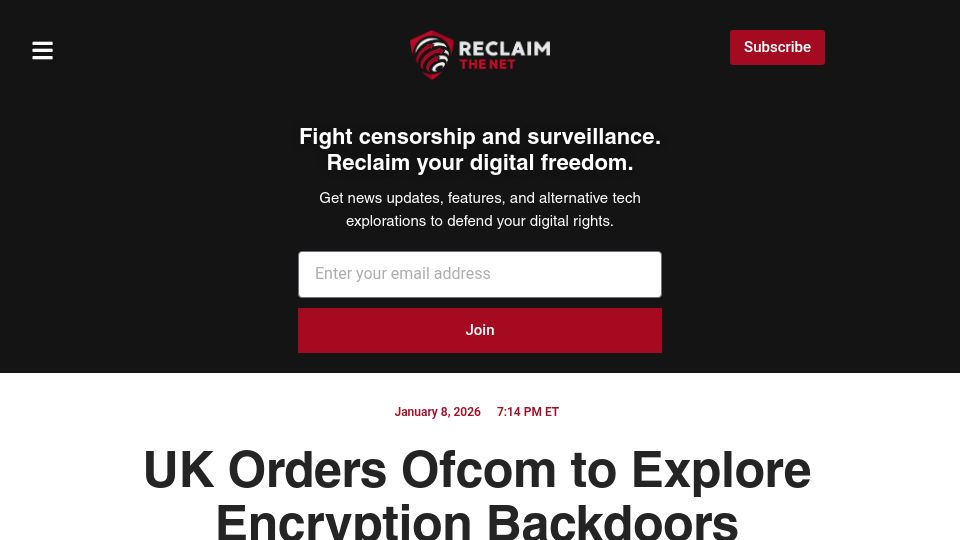 Screenshot of reclaimthenet.org: UK Orders Ofcom to Explore Encryption Backdoors