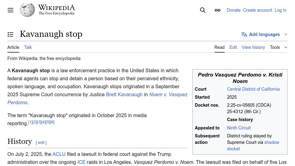 Screenshot of en.wikipedia.org: Kavanaugh Stop