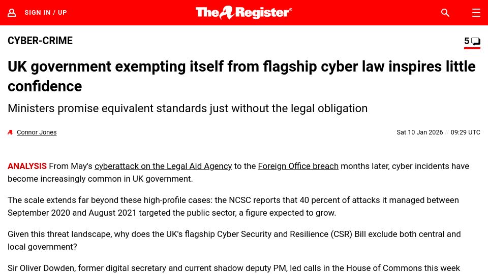 Screenshot of theregister.com: UK government exempting itself from cyber law inspires little confidence