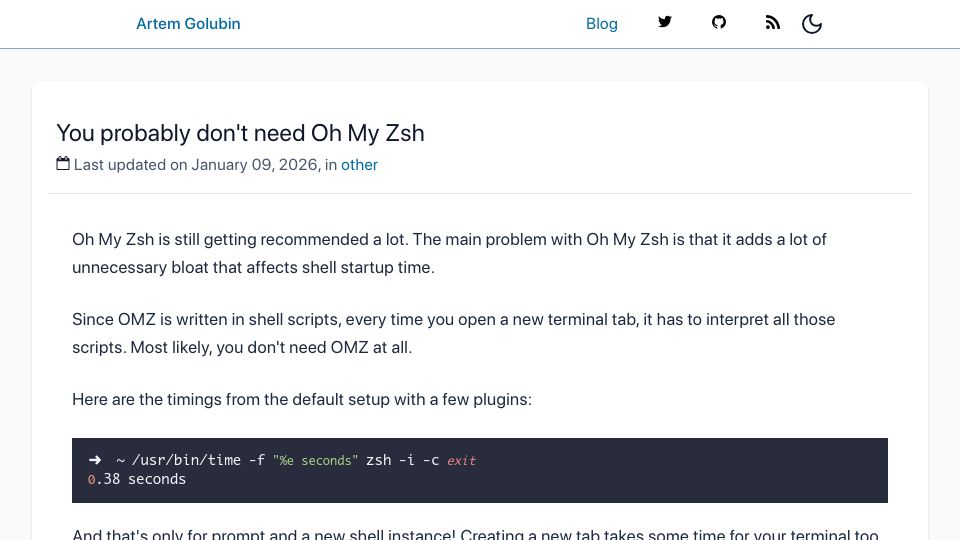 Screenshot of rushter.com: Oh My Zsh adds bloat