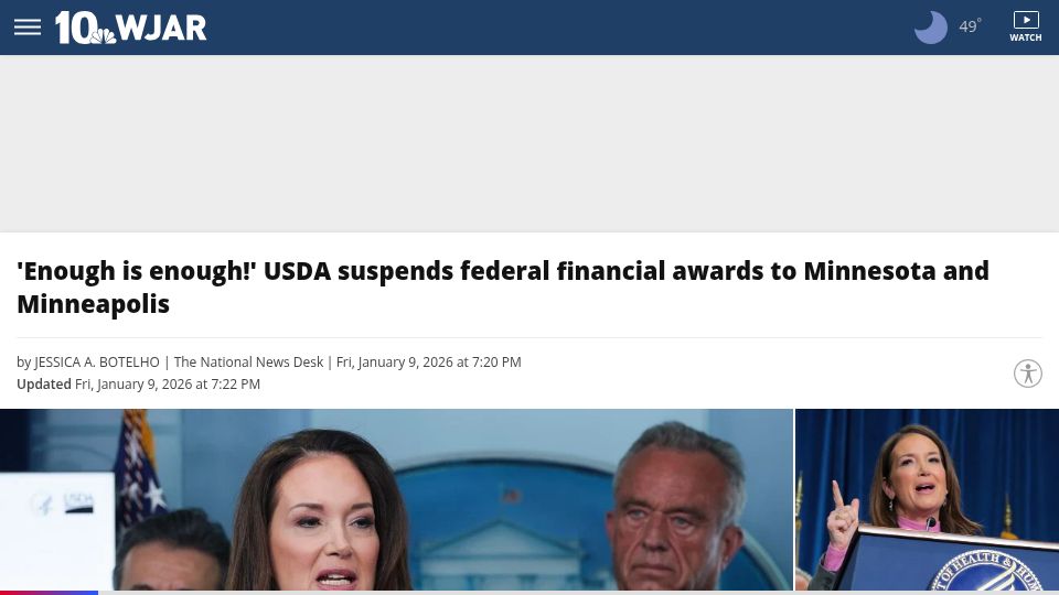 Screenshot of turnto10.com: USDA suspends federal financial awards to Minnesota and Minneapolis