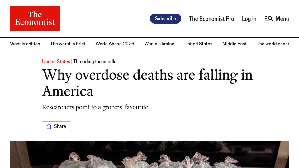 Screenshot of economist.com: Overdose deaths are falling in America because of a 'supply shock': study
