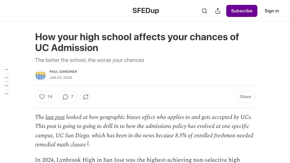 Screenshot of sfeducation.substack.com: How your high school affects your chances of UC Admission