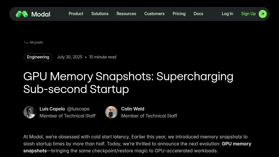 Screenshot of modal.com: GPU memory snapshots: sub-second startup (2025)