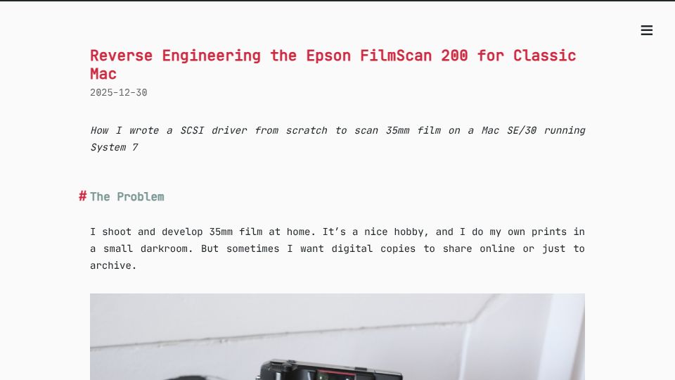 Screenshot of ronangaillard.github.io: Reverse Engineering the Epson FilmScan 200 for Classic Mac
