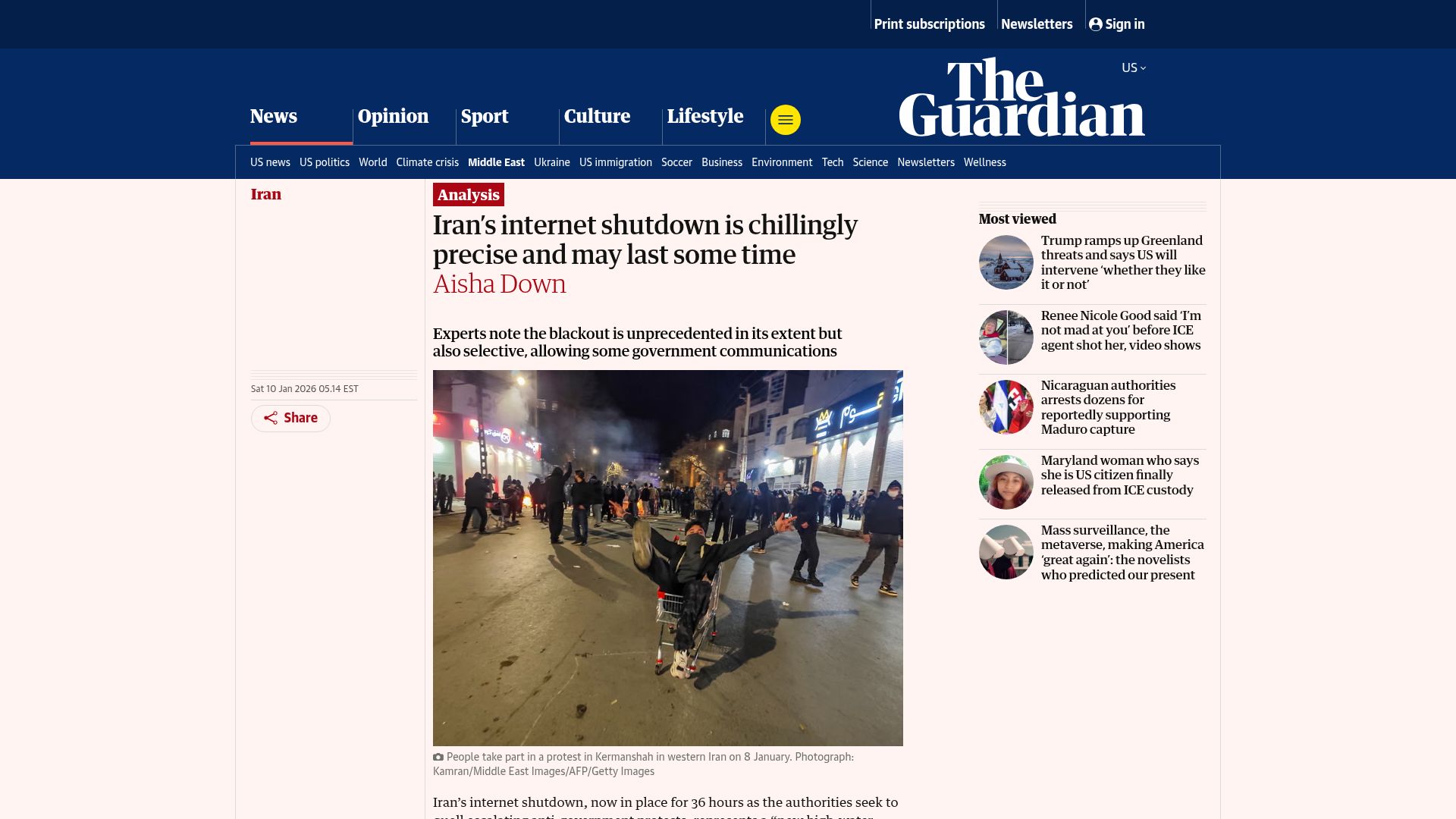 Screenshot of theguardian.com: Iran's internet shutdown is chillingly precise and may last some time