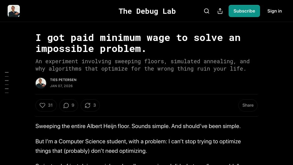 Screenshot of tiespetersen.substack.com: I got paid minimum wage to solve an impossible problem