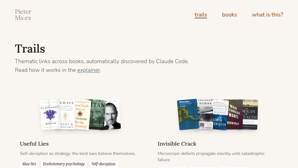 Screenshot of trails.pieterma.es: Show HN: I used Claude Code to discover connections between 100 books