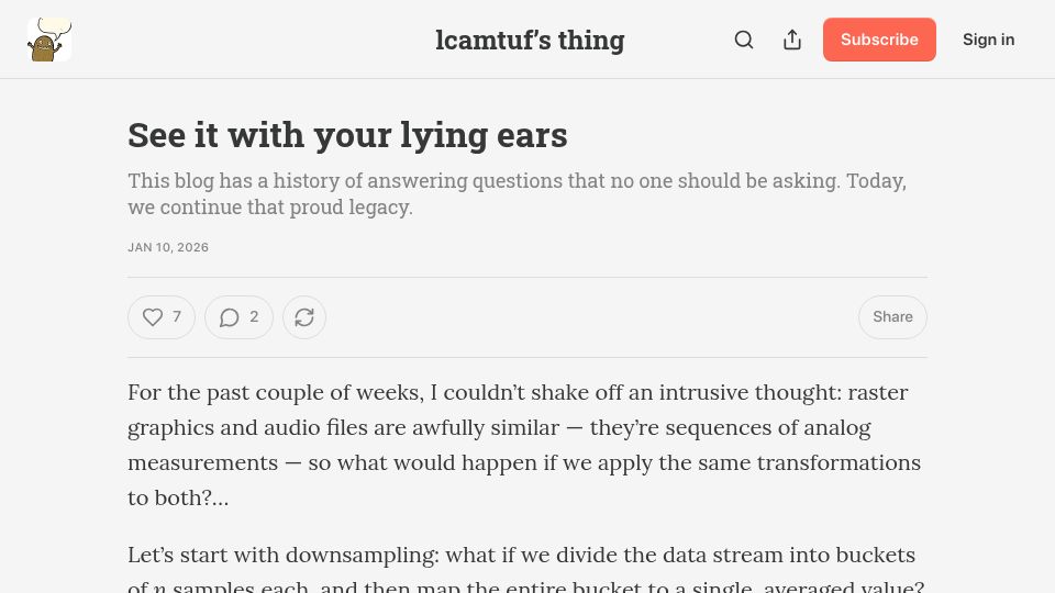 Screenshot of lcamtuf.substack.com: See it with your lying ears