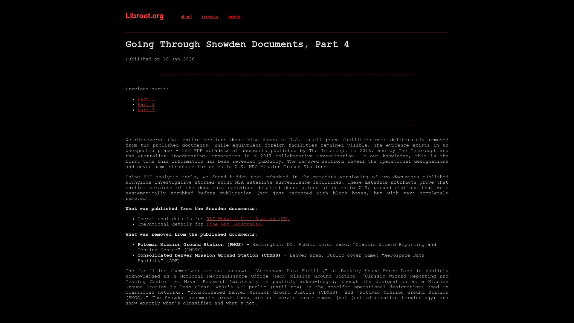 Screenshot of libroot.org: New information extracted from Snowden PDFs through metadata version analysis
