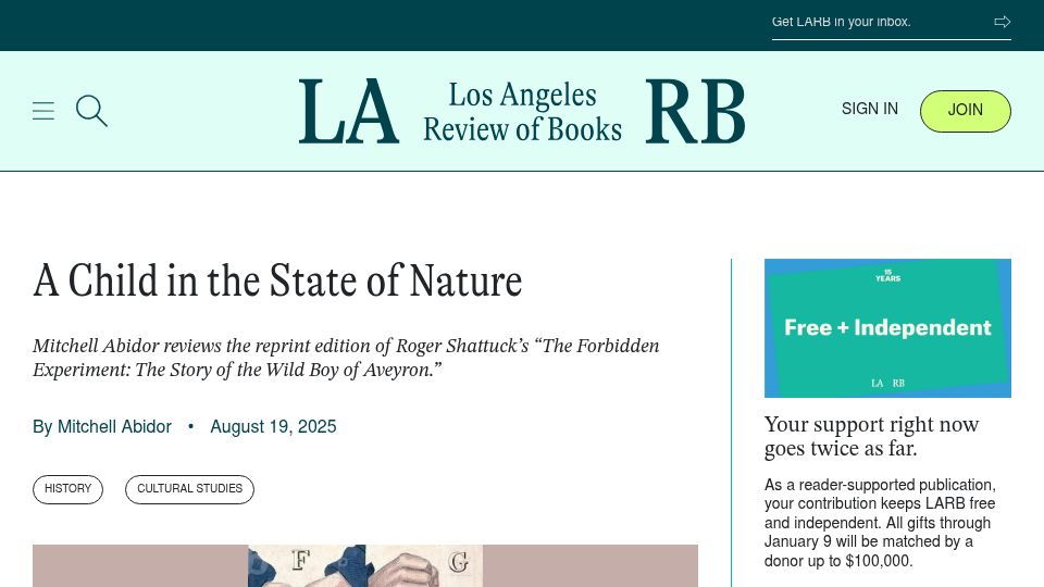 Screenshot of lareviewofbooks.org: A child in the state of nature