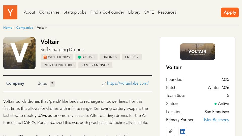 Screenshot of ycombinator.com: Drones that recharge directly on transmission lines
