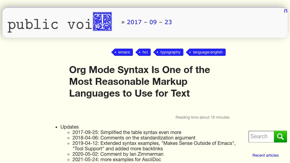 Screenshot of karl-voit.at: Org Mode Syntax Is One of the Most Reasonable Markup Languages for Text (2017)