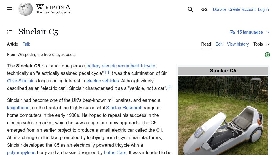 Screenshot of en.wikipedia.org: Sinclair C5