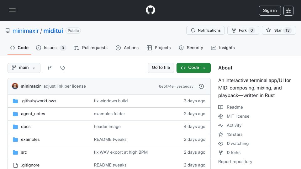 Screenshot of github.com: Show HN: Miditui – A terminal app/UI for MIDI composing, mixing, and playback
