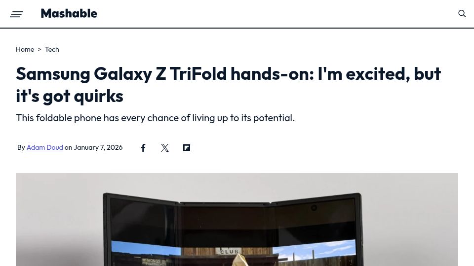 Screenshot of mashable.com: Samsung Galaxy Z TriFold hands-on
