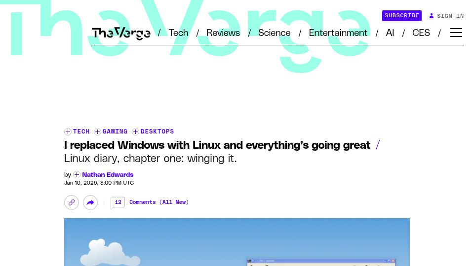 Screenshot of theverge.com: I replaced Windows with Linux and everything's going great