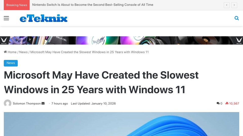 Screenshot of eteknix.com: Microsoft May Have Created the Slowest Windows in 25 Years with Windows 11