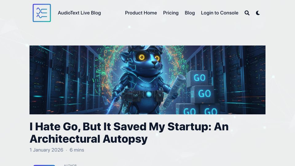 Screenshot of audiotext.live: I Hate Go, but It Saved My Startup: An Architectural Autopsy