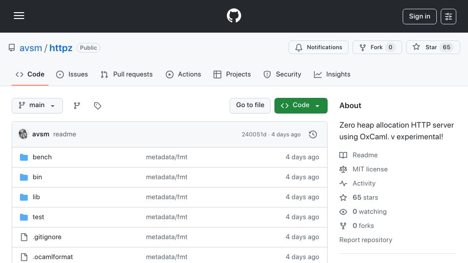 Screenshot of github.com: Httpz – Zero-Allocation HTTP/1.1 Parser for OxCaml