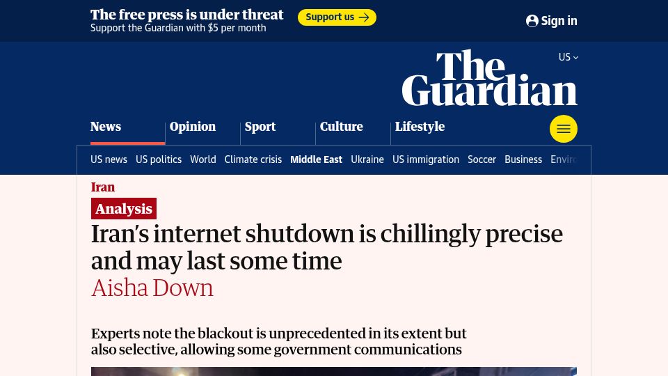 Screenshot of theguardian.com: Iran's internet shutdown is chillingly precise and may last some time