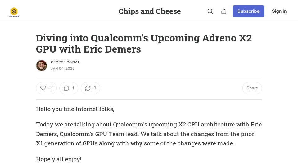 Screenshot of chipsandcheese.com: Diving into Qualcomm's Upcoming Adreno X2 GPU with Eric Demers
