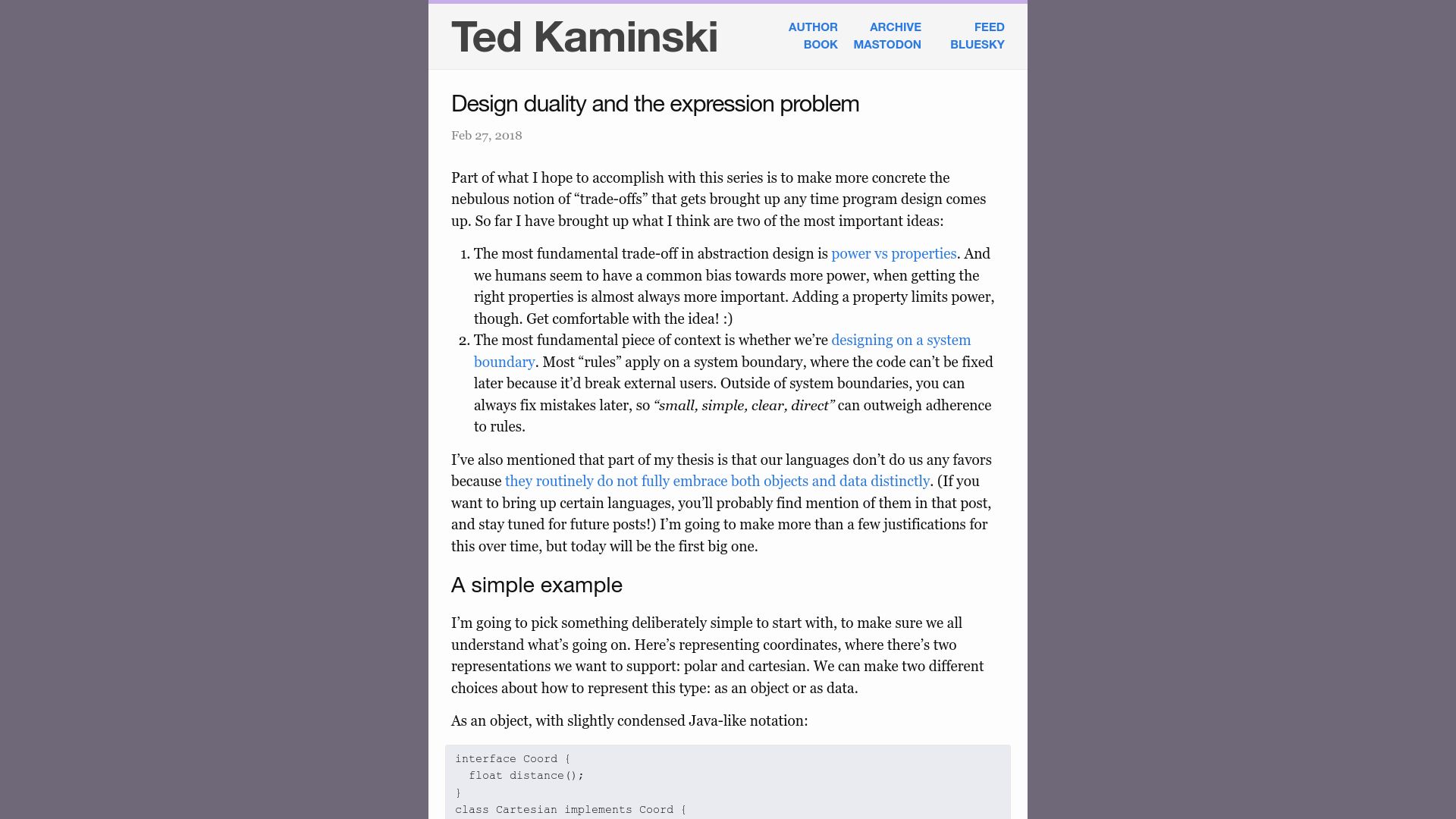 Screenshot of tedinski.com: Design duality and the expression problem (2018)