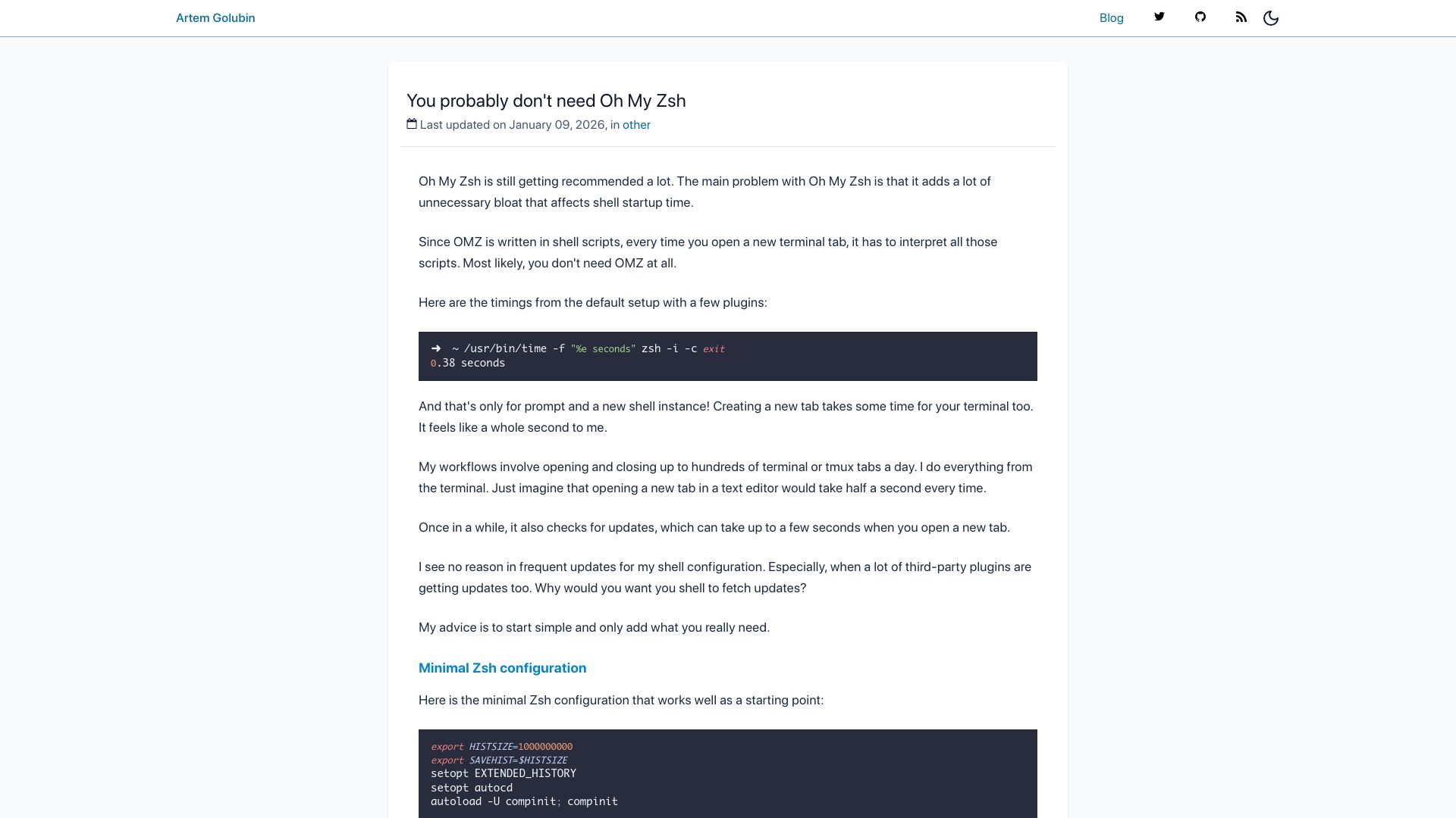 Screenshot of rushter.com: Oh My Zsh adds bloat