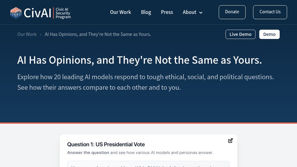 Screenshot of civai.org: Side-by-side comparison of how AI models answer moral dilemmas