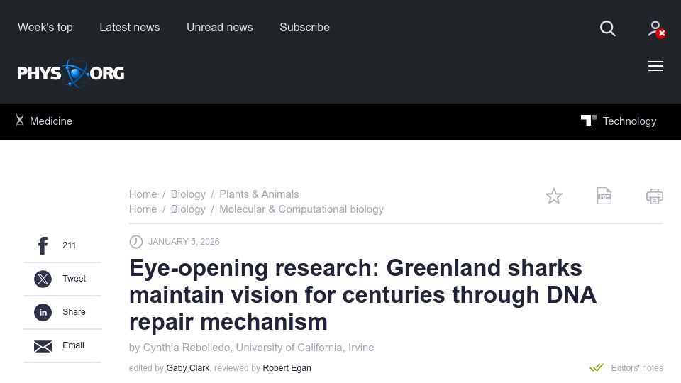 Screenshot of phys.org: Greenland sharks maintain vision for centuries through DNA repair mechanism