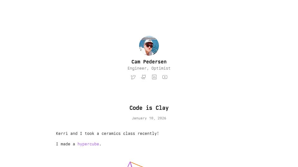 Screenshot of campedersen.com: Code Is Clay