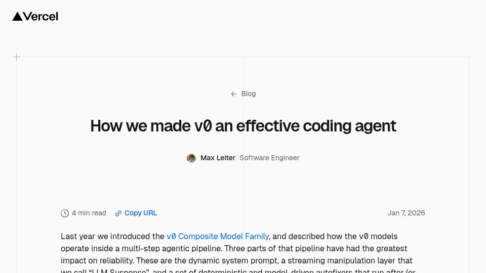 Screenshot of vercel.com: How we made v0 an effective coding agent