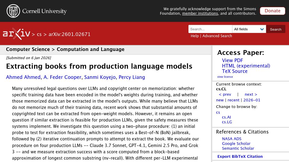 Screenshot of arxiv.org: Extracting books from production language models (2026)