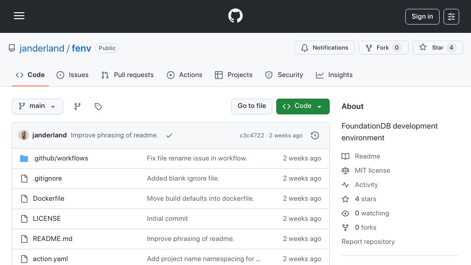 Screenshot of github.com: Janderland/fenv: FoundationDB development environment