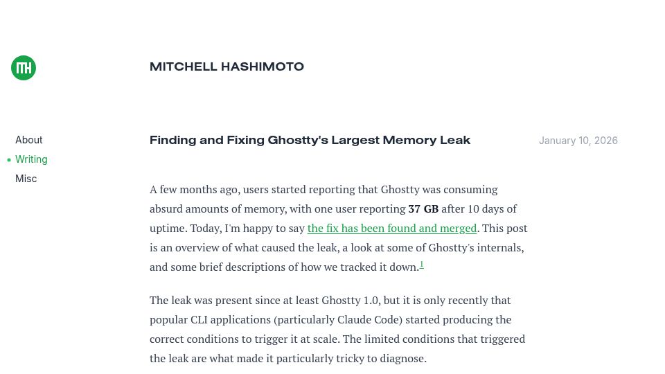 Screenshot of mitchellh.com: Finding and fixing Ghostty's largest memory leak