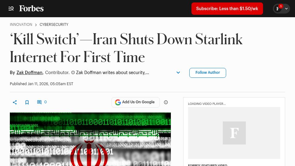 Screenshot of forbes.com: Iran Shuts Down Starlink Internet for First Time