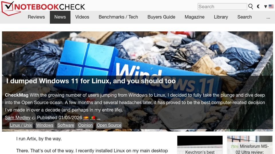 Screenshot of notebookcheck.net: I dumped Windows 11 for Linux, and you should too
