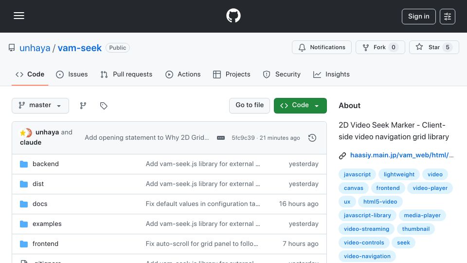 Screenshot of github.com: Show HN: VAM Seek – 2D video navigation grid, 15KB, zero server load